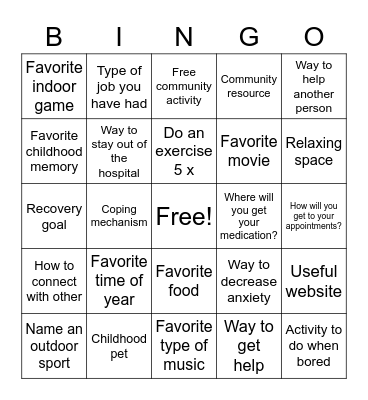 Coping Bingo Card