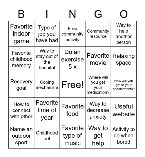 Coping Bingo Card