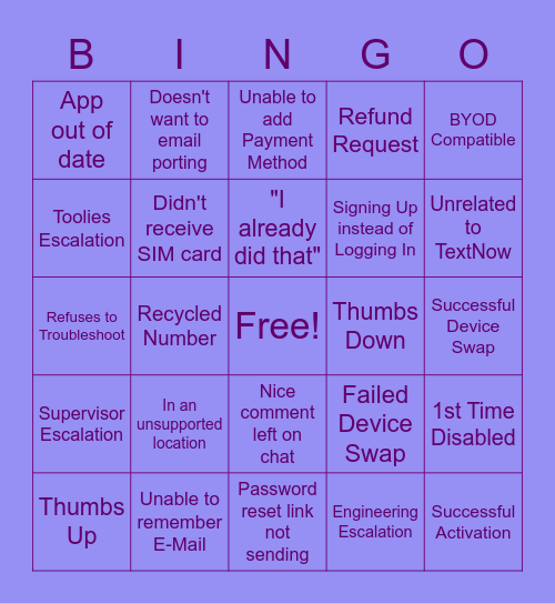 TextNow Customers Bingo Card