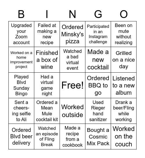 Boulevard Quarantine Bingo Card