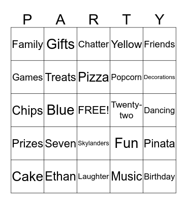 Ethan's 7th Birthday Bingo Card