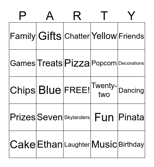 Ethan's 7th Birthday Bingo Card