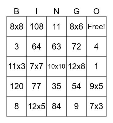 Multiplication/Division Bingo Card