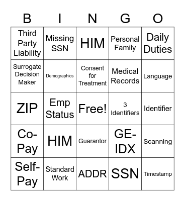 Patient Registration Bingo Card