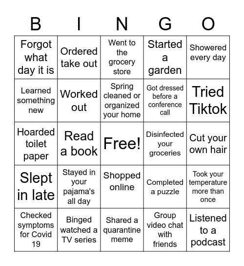 Quarantine BINGO Card