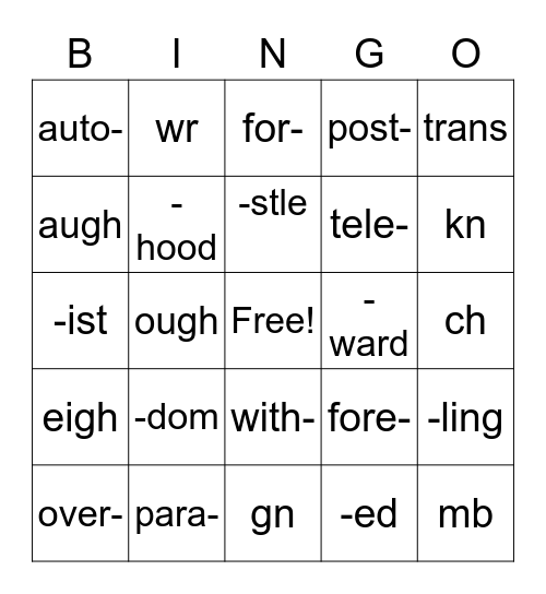 Prefix, Suffix and Sounds Bingo Card