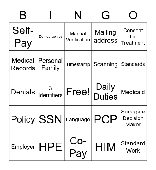 Registration And HIM Bingo Card