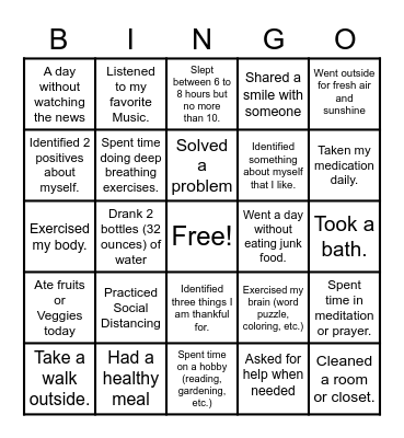 Self Care Bingo Card