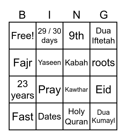 Ramadan and other trivia Bingo Card