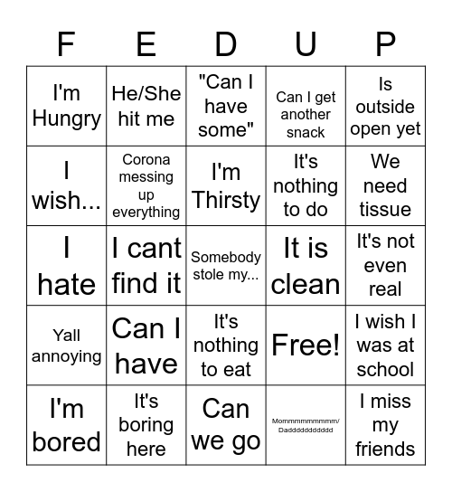 FEDUP Bingo Card