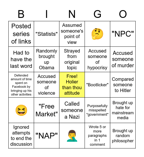 Nathaniel Facebook Rant Bingo Card