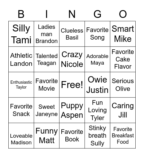 Family Zoom Bingo Card