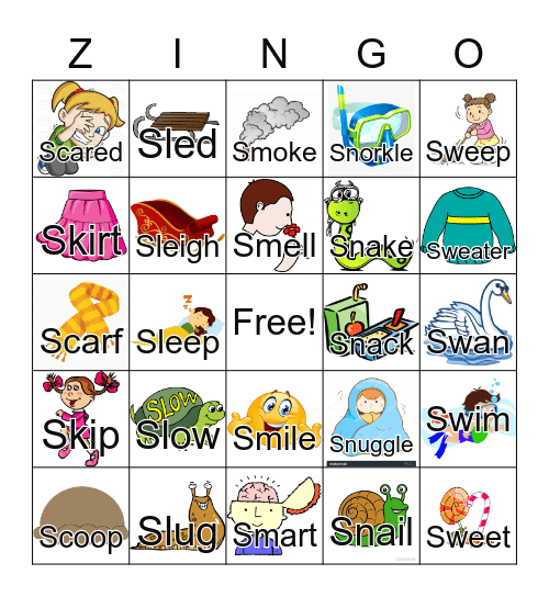 Junior's Zingo! Game - S Blends Bingo Card