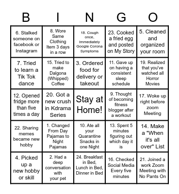 Stay At Home Bingo Card