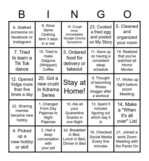 Stay At Home Bingo Card