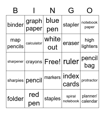 School Supplies Bingo Card