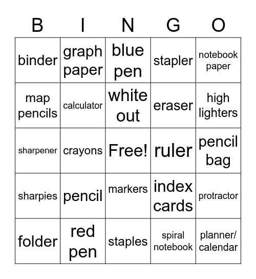 School Supplies Bingo Card