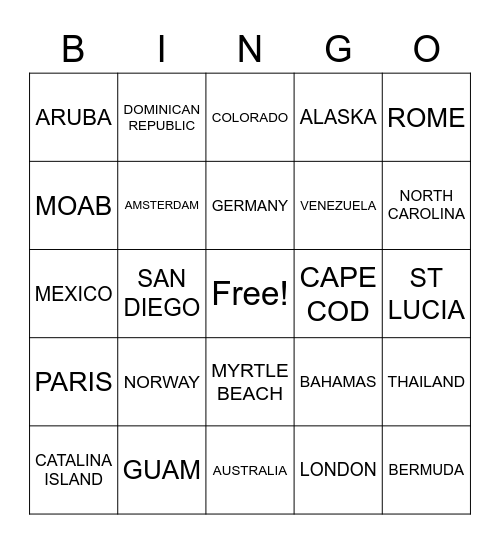 VACATIONS Bingo Card