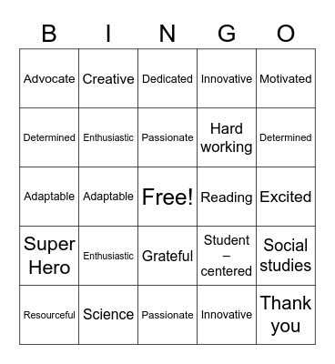 Teacher Appercation Bingo Card