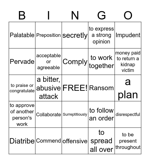 Ransom of Red Chief Vocabulary Bingo Card