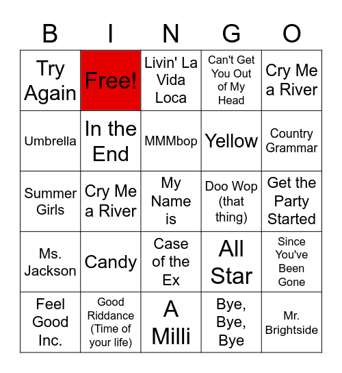 Late 90s/early 00s Music Bingo Card