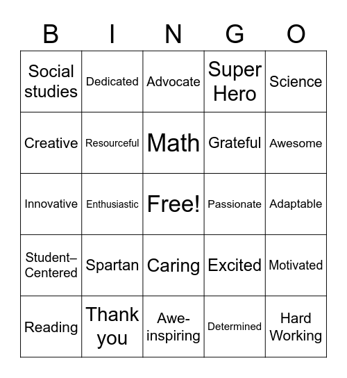 Teacher Appreciation Bingo Card