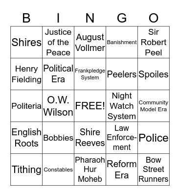 History of Policing Key Terms - Principles Bingo Card