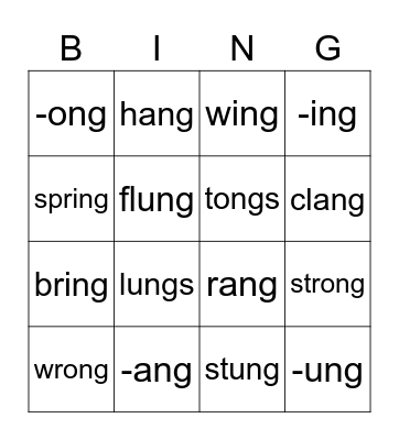 -ang,-ung,-ong,-ing Bingo Card