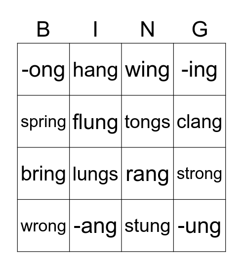 -ang,-ung,-ong,-ing Bingo Card