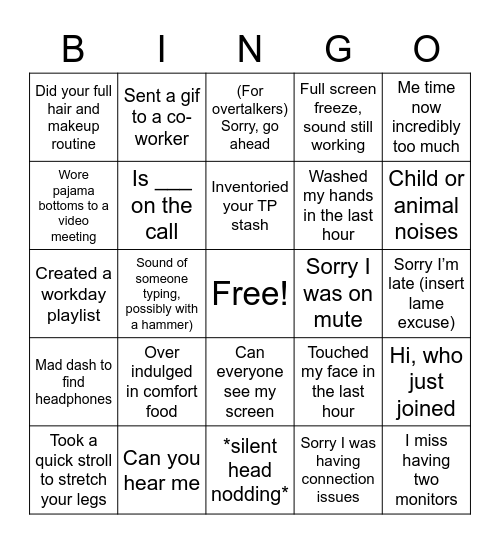 Remote Work Bingo Card