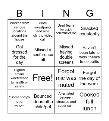 WFH Cude Bingo Card