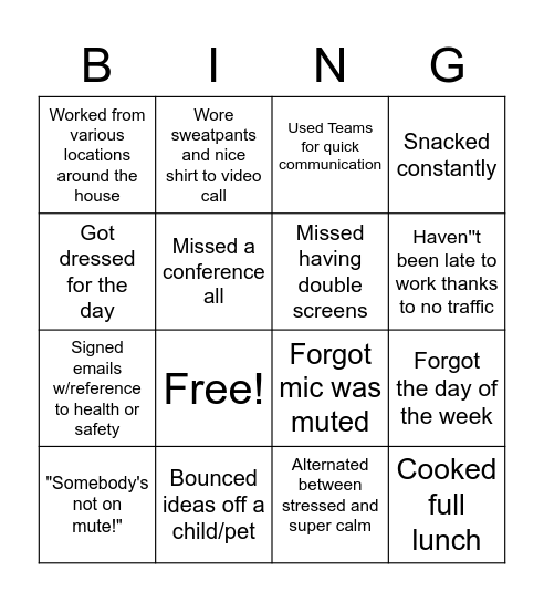 WFH Cude Bingo Card