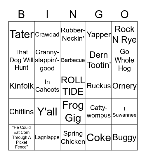 Southern Lingo Bingo Card