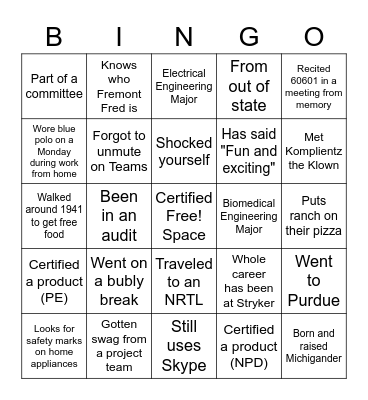 Product Safety Bingo Card