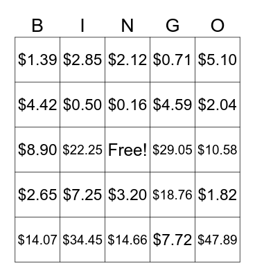 Money Math Bingo Card