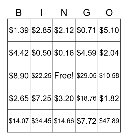 Money Math Bingo Card