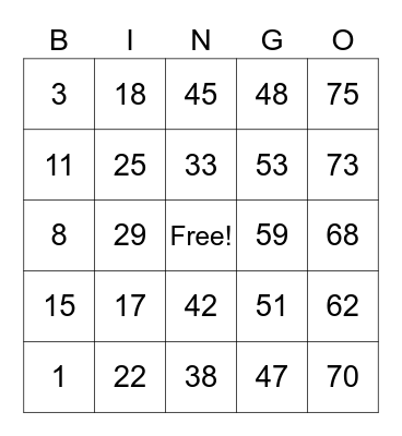 Jennie's card Bingo Card