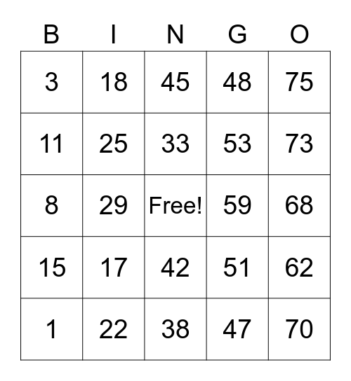 Jennie's card Bingo Card