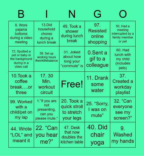 WFH Bingo Card