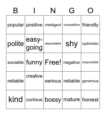 Personality Adjectives Bingo Card