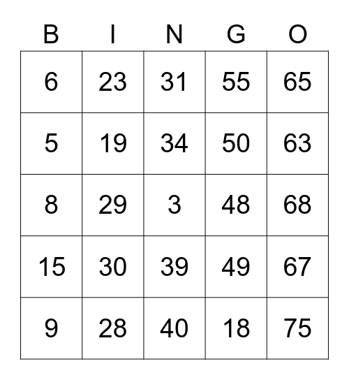 Number Bingo 1-20 Bingo Card