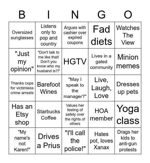 Karen Bingo Card