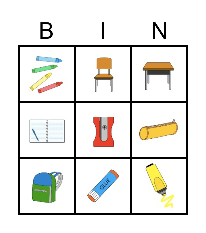 School objects Bingo Card