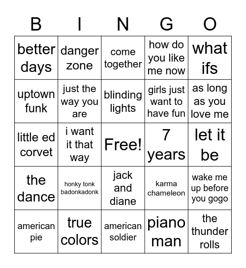 music Bingo Card