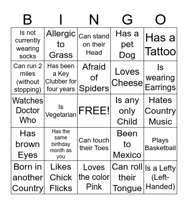 Key Club People Bingo Card