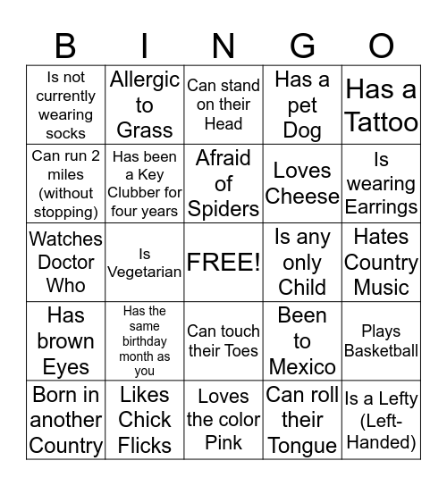 Key Club People Bingo Card