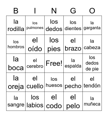 Las partes del cuerpo Bingo Card