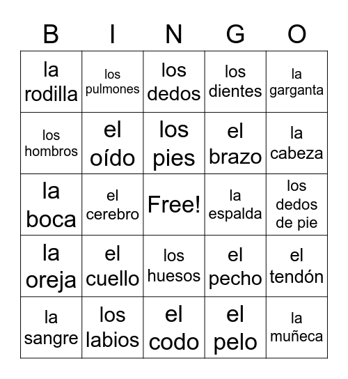 Las partes del cuerpo Bingo Card