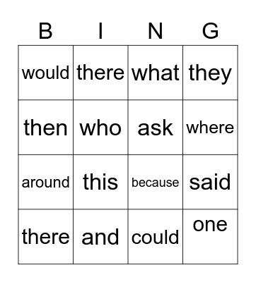 Sight Words Bingo Card