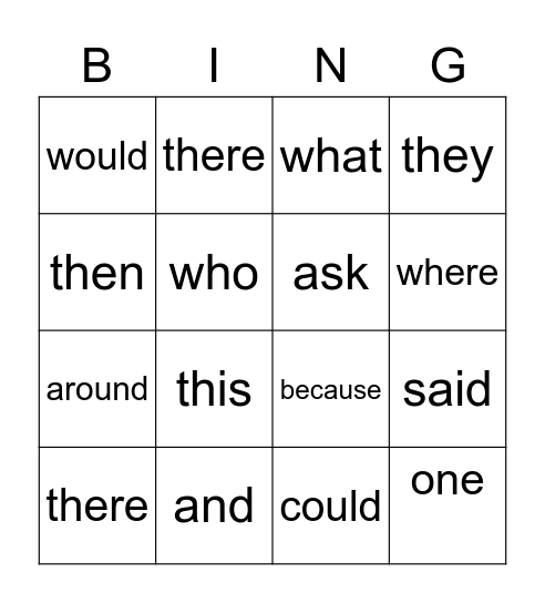 Sight Words Bingo Card